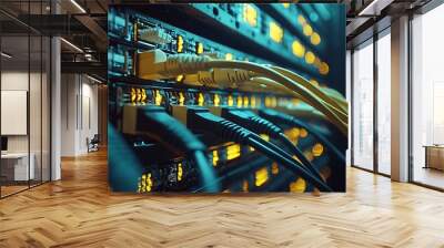 Network of Ethernet cables connected to data switches in a detailed data center view. Wall mural