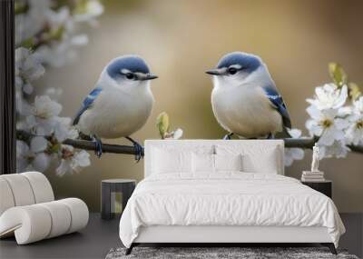 Two small birds perched on a branch with blooming flowers in a serene setting. Wall mural