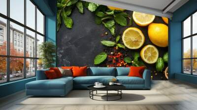 Yellow Lemon with other spicy and sour ingredients like mint and lemon leaves Wall mural