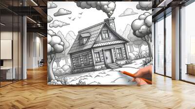 sketch of house. pencil drawing of a house Wall mural