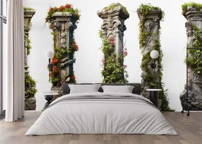 An antique column set with overgrown foliage and flowers, old architecture pillars, and nature, Mideveil and Asian ruins style , isolated on a transparent background, PNG Wall mural