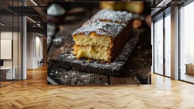 Piece of Sponge Cake with Icing Sugar on Rustic Wooden Table Wall mural