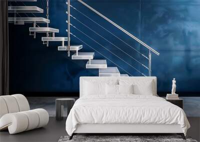 Modern staircase with transparent acrylic steps, stainless steel railings, and a deep navy blue wall for a sophisticated touch. Wall mural