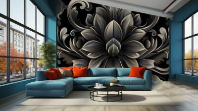 Vintage seamless black floral pattern with cool gray highlights and detailed motifs, vector illustration Wall mural