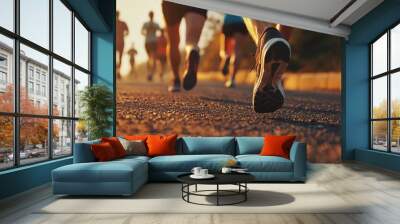 close up legs runner group running on sunrise seaside trail - ai Wall mural