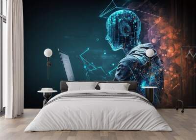 Digital technology, internet network connection, big data, digital marketing IoT internet of things. Man using modern computer surfing internet futuristic innovative technology background Wall mural