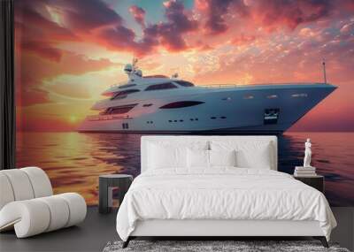 Luxurious expensive white yacht boat on sea or ocean water during the sunset - ai Wall mural