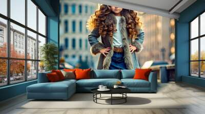 A full body of a really beautiful 5-year-old girl with curly hair in a coat Wall mural