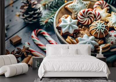 Merry Christmas, decorations and holiday sweets on a wooden floor, background Wall mural