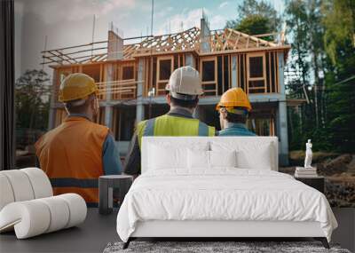 Construction Workers and Engineer Reviewing Residential Home Construction Site Wall mural