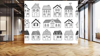 Hand drawn doodle street homes icons set. Vector illustration. Cottage symbol collection. Cartoon village buildings various sketch architectural elements residential houses.eps Wall mural