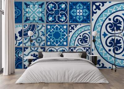 Mediterranean tile abstract geometric floral patterns. Portuguese culture, in blue and white. Spanish majolica tile pattern. Vector illustration. Wall mural