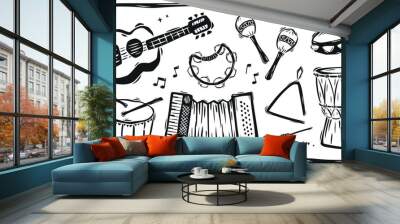 Set of musical instruments typical of northeastern Brazil. Cordel woodcut style illustration Wall mural