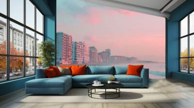 landscape illustration of city sky view besides of beautiful beach with soft pastel color illustration design Wall mural