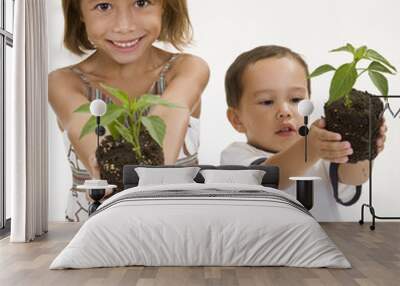 children gently hold a young plant Wall mural