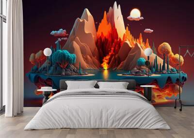 Fantastic surreal float island landscape with some fire paradise idea. Generative AI. Wall mural