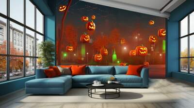 Many Halloween pumpkins in the city Wall mural