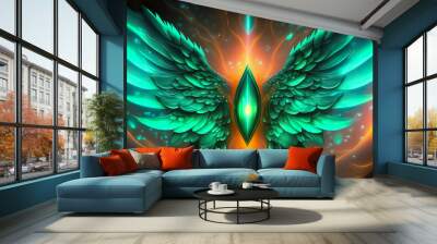 Angelic abstract motif in emerald gold color. Background colors with healing emerald and Archangel Raphael wings. Wall mural