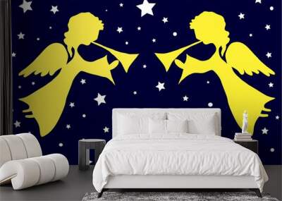 Christmas night blue background with yellow angels Wall mural