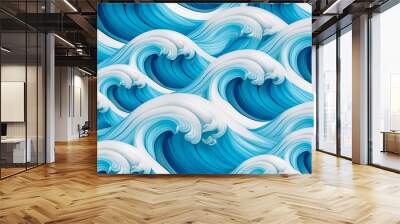 This vibrant image depicts a dynamic, harmonious pattern of waves, showcasing their rhythmic motion and vivid blue tones, representing tranquility, natural beauty, and artistic elegance. Wall mural