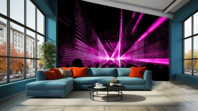 Pink laser show nightlife club stage with party people crowd. Luxury entertainment with audience silhouettes in nightclub event, festival or New Year's Eve. Beams and rays shining colorful lights Wall mural