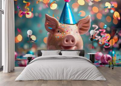 A pig wearing a party hat and surrounded by confetti Wall mural