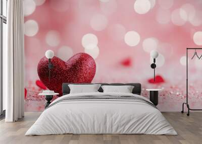 A red heart is sitting on a table with a blurry background Wall mural