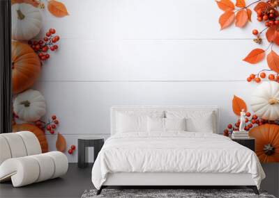 A white background with a row of pumpkins and leaves Wall mural