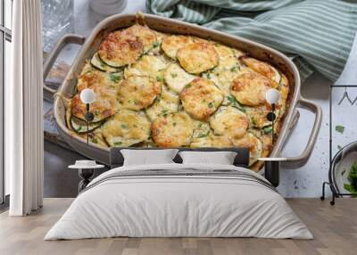 casserole with cheese and zucchini in baking dish Wall mural