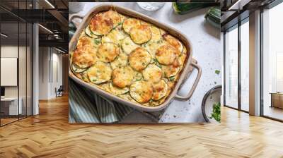 casserole with cheese and zucchini in baking dish Wall mural