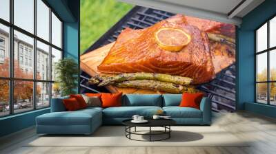 cedar plank salmon with lemon on a grill Wall mural