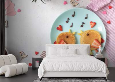 Creative idea for kids breakfast - funny pancakes shaped cute birds Wall mural