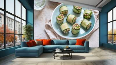 Cucumber roll with tuna, avocado and mayo chili sauce Wall mural