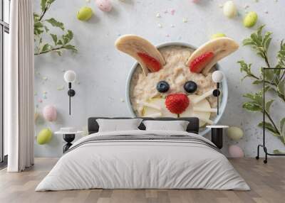 Funny bunny oatmeal bowl with fruits, for kids Easter breakfast Wall mural