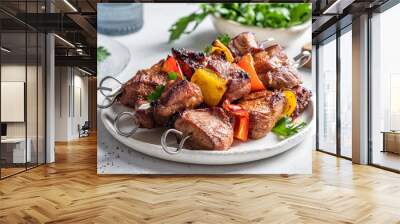 grilled pork kebab with red and yellow pepper Wall mural