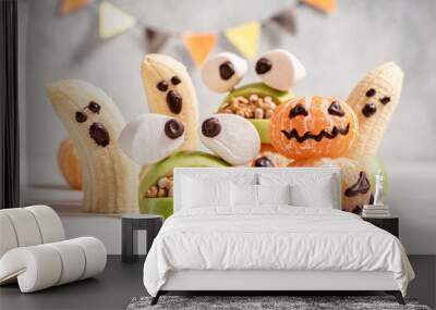 Healthy Fruit Halloween Treats. Banana Ghosts, Clementine Orange Pumpkins and Apple Monster Mounts Wall mural