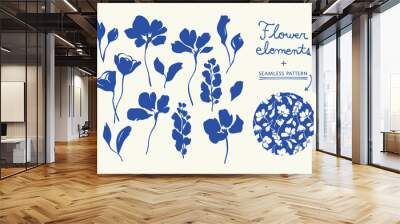 hand-drawn floral elements and seamless pattern - blue botanical vector set Wall mural