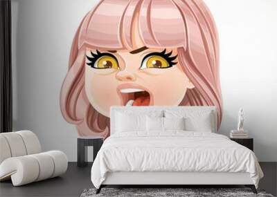 Beautiful angry aggressive cartoon girl with powdery pink bob haircut with bangs portrait isolated on white background Wall mural