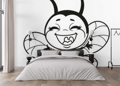 Cartoon cute bee super happy flies outlined for coloring page on white background Wall mural