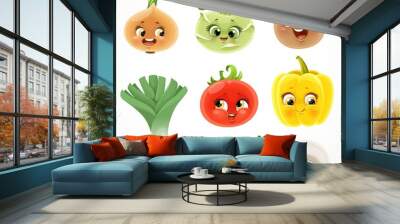 Cute cartoon emoji onion, potato, leek, bell pepper, tomato, champignon, peas in a pod, kohlrabi isolated on white background Wall mural