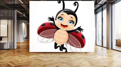 Cute cartoon little ladybug flying on a white background Wall mural