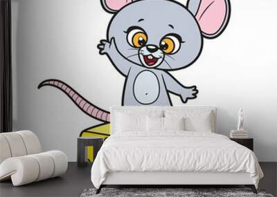 Cute cartoon mouse greets standing on a large piece of cheese color variation for coloring page on white background Wall mural