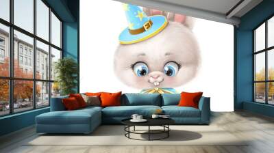 Cute cartoon white rabbit in a wizard costume examines the prey from Trick or Treat on a white background Wall mural