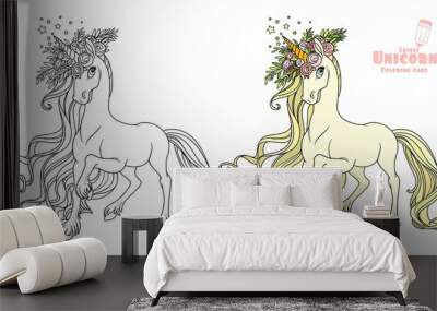 Fairytale unicorn in a magnificent wreath of roses color and outlined picture for coloring book on white background Wall mural