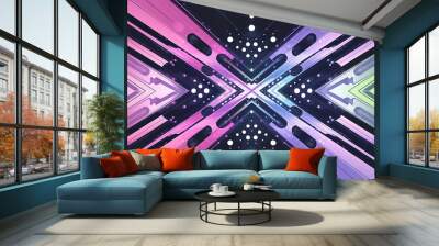 Abstract pink and blue geometric shapes with glowing lights, futuristic digital design, technology and innovation. 
 Wall mural