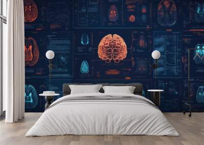 3D render of a brain on a futuristic digital screen with various medical data and scans. Wall mural