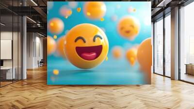 3D Rendering of a Smiling Emoji on a Blue Background. Wall mural