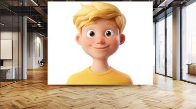 A 3D cartoon boy with blonde hair and a happy expression is wearing a yellow shirt and looking up. Wall mural