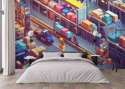 A blue forklift drives through a warehouse with many colorful boxes, moving them along a conveyor belt. Wall mural