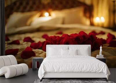 A bouquet of red roses and petals on a beige bedspread with a blurred background of pillows. Wall mural